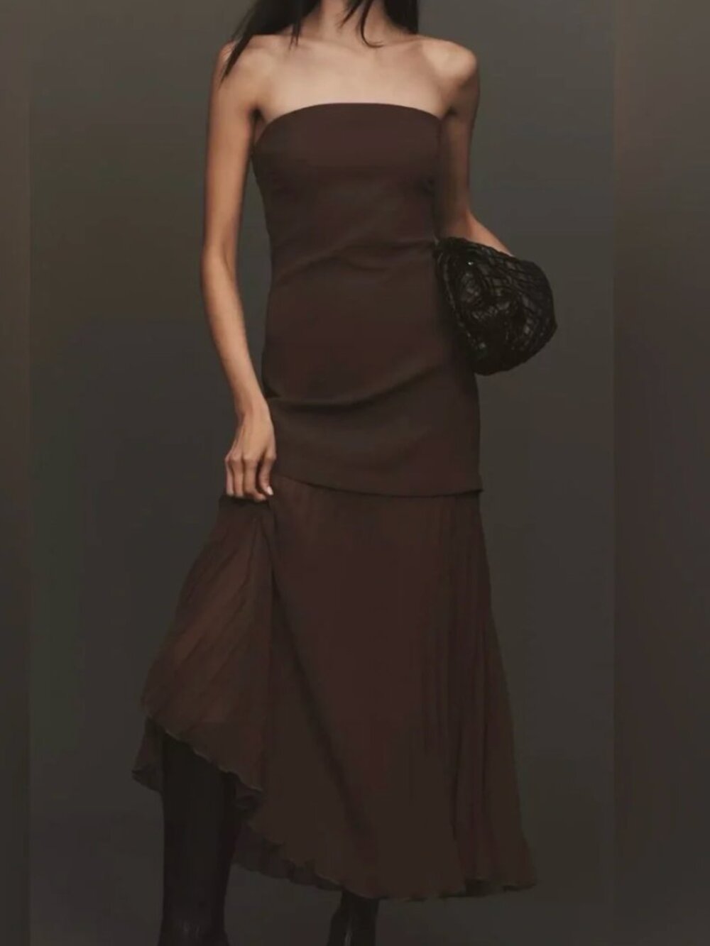 Anthropologie - Brown Strapless Twofer Pleated Midi Dress - Size S